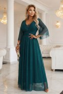 654-1 Długa połyskująca sukienka plus size z dekoltem i transparentnym rękawkiem - zieleń butelkowa Numoco basic