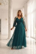 654-1 Długa połyskująca sukienka plus size z dekoltem i transparentnym rękawkiem - zieleń butelkowa Numoco basic