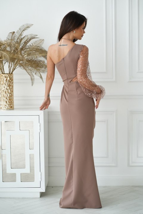 Camelowa Sukienka Cekinowa Na Jedno Ramię 296-21 - CAMEL