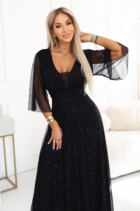 654-5 Długa połyskująca sukienka plus size z dekoltem i transparentnym rękawkiem - czarna Numoco basic
