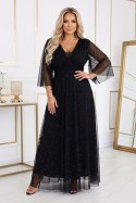 654-5 Długa połyskująca sukienka plus size z dekoltem i transparentnym rękawkiem - czarna Numoco basic