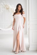 Elegancka Beżowa Sukienka Z Drapowaniem, Rozcięciem I Błyszczącą Tkaniną 330-21 - beżowy
