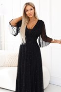 654-5 Długa połyskująca sukienka plus size z dekoltem i transparentnym rękawkiem - czarna Numoco basic