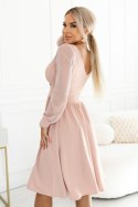 657-2 Elegancka sukienka midi z kopertowym dekoltem i tiulowymi rękawami - beżowa Numoco