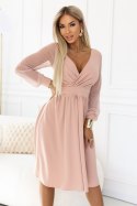 657-2 Elegancka sukienka midi z kopertowym dekoltem i tiulowymi rękawami - beżowa Numoco