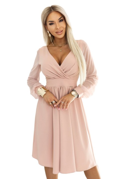 657-2 Elegancka sukienka midi z kopertowym dekoltem i tiulowymi rękawami - beżowa Numoco