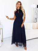 662-3 Elegancka sukienka wieczorowa maxi halter z tiulem i wiązaniem w talii - granatowa Numoco basic