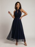 662-3 Elegancka sukienka wieczorowa maxi halter z tiulem i wiązaniem w talii - granatowa Numoco basic