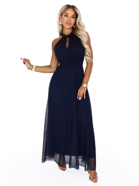 662-3 Elegancka sukienka wieczorowa maxi halter z tiulem i wiązaniem w talii - granatowa Numoco basic