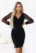 674-1 Elegancka dopasowana sukienka z kopertowym dekoltem, tiulowymi rękawami i rozcięciem - czarna Numoco