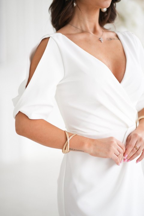 Elegancka Sukienka Ołówkowa Ecru Z Dekoltem 327-04 - Ecru