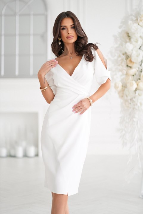 Elegancka Sukienka Ołówkowa Ecru Z Dekoltem 327-04 - Ecru