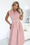 596-6 Elegancka szmizjerka midi ze złotymi guzikami i paskiem - pudrowy róż Numoco basic