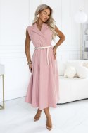 596-6 Elegancka szmizjerka midi ze złotymi guzikami i paskiem - pudrowy róż Numoco basic
