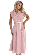 596-6 Elegancka szmizjerka midi ze złotymi guzikami i paskiem - pudrowy róż Numoco basic
