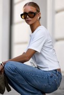 Śmietankowy t-shirt Elvie z marszczeniem i różą