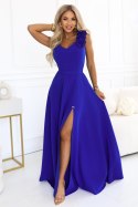 643-8 Elegancka wieczorowa suknia maxi z rozcięciem i różami - chabrowa Numoco