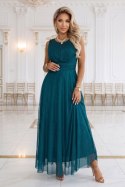 679-2 AVELINE długa sukienka maxi z brokatowym tiulem i okrągłym dekoltem - morska zieleń Numoco basic