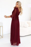 654-6 Długa połyskująca sukienka plus size z dekoltem i transparentnym rękawkiem - bordowa Numoco basic