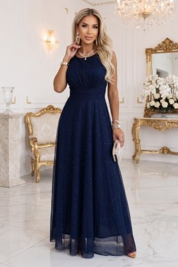 679-3 AVELINE długa sukienka maxi z brokatowym tiulem i okrągłym dekoltem - granatowa Numoco basic