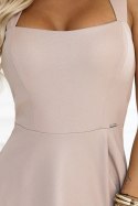 633-5 AURELIA długa sukienka z rozcięciem i dekoltem w caro - ciemno beżowa z brokatem Numoco