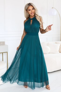 662-4 Elegancka sukienka wieczorowa maxi halter z tiulem i wiązaniem w talii - zielona Numoco basic