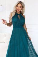 662-4 Elegancka sukienka wieczorowa maxi halter z tiulem i wiązaniem w talii - zielona Numoco basic