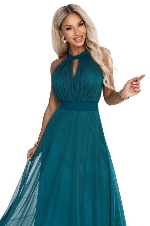662-4 Elegancka sukienka wieczorowa maxi halter z tiulem i wiązaniem w talii - zielona Numoco basic
