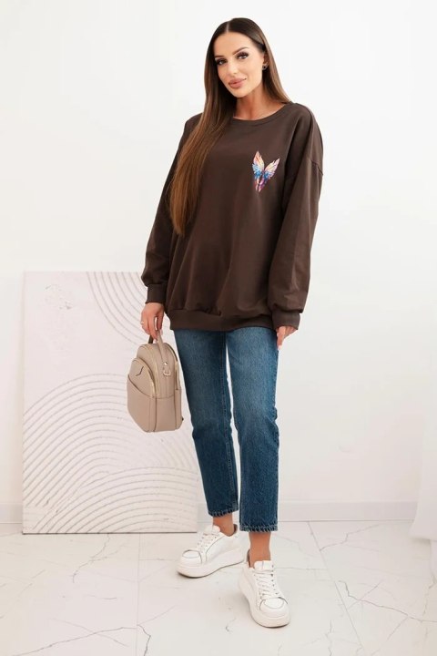 Bluza damska oversize z bawełny z kolorowymi skrzydłami na plecach brązowa