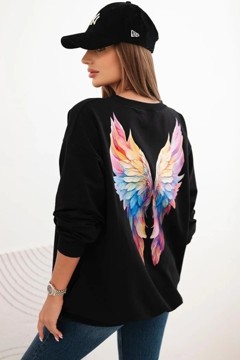 Bluza damska oversize z bawełny z kolorowymi skrzydłami na plecach czarna