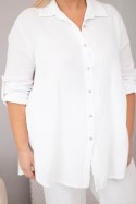 Komplet damski muślinowy Plus Size z koszulą zapinaną na guziki i spodniami z szeroką nogawką biały