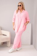 Komplet damski muślinowy Plus Size z koszulą zapinaną na guziki i spodniami z szeroką nogawką cukierkowy róż