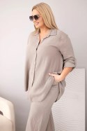 Komplet damski muślinowy Plus Size z koszulą zapinaną na guziki i spodniami z szeroką nogawką fango