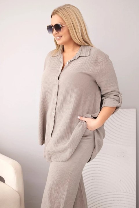 Komplet damski muślinowy Plus Size z koszulą zapinaną na guziki i spodniami z szeroką nogawką fango