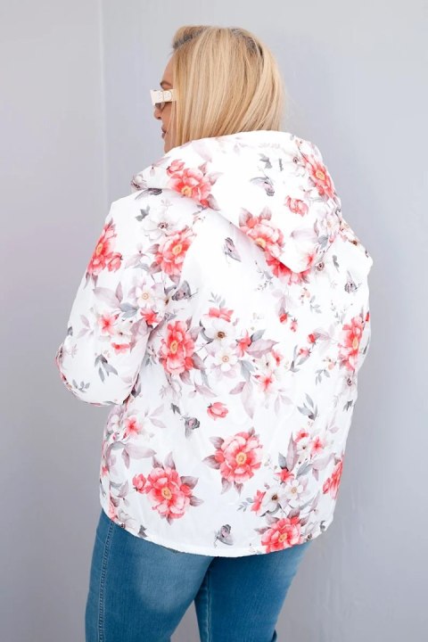 Kurtka damska wiosenna pikowana Plus Size z kapturem i kwiatowym wzorem biała