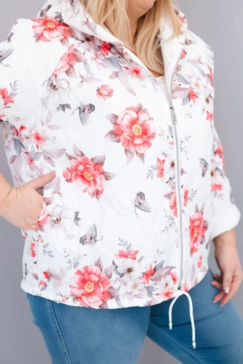 Kurtka damska wiosenna pikowana Plus Size z kapturem i kwiatowym wzorem biała