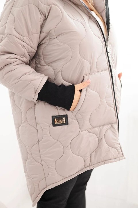 Kurtka damska zimowa Plus Size pikowana z kapturem ciemno beżowa