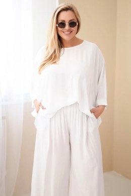 Komplet damski Plus Size wiskozowy z szerokimi spodniami i bluzką biały