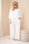 Komplet damski Plus Size wiskozowy z szerokimi spodniami i bluzką biały