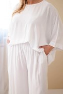 Komplet damski Plus Size wiskozowy z szerokimi spodniami i bluzką biały