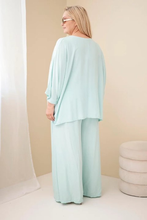 Komplet damski Plus Size wiskozowy z szerokimi spodniami i bluzką miętowy
