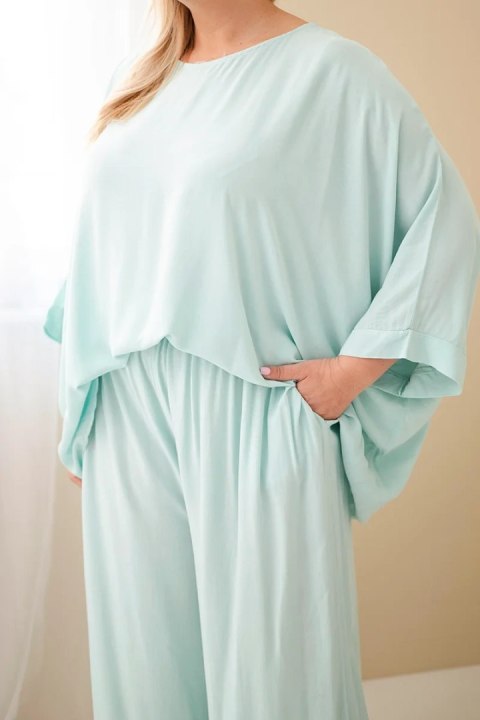Komplet damski Plus Size wiskozowy z szerokimi spodniami i bluzką miętowy