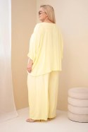 Komplet damski Plus Size wiskozowy z szerokimi spodniami i bluzką żółty