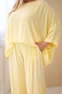 Komplet damski Plus Size wiskozowy z szerokimi spodniami i bluzką żółty