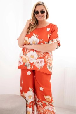 Komplet damski Plus Size z bluzką i spodniami w kwiaty z szeroką nogawką rudy