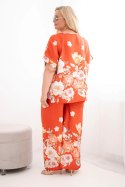 Komplet damski Plus Size z bluzką i spodniami w kwiaty z szeroką nogawką rudy