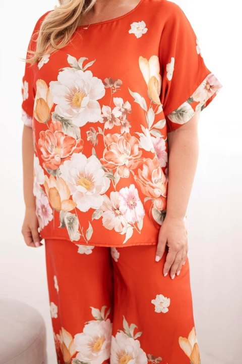 Komplet damski Plus Size z bluzką i spodniami w kwiaty z szeroką nogawką rudy