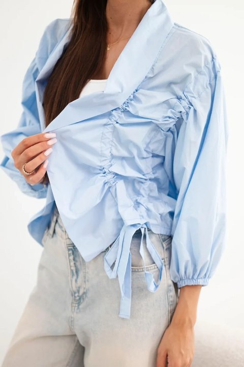 Narzutka damska bawełniana z marszczeniem i wiązaniem niebieska