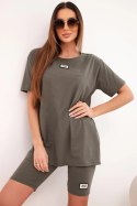Komplet damski bawełniany z krótkim rękawem i szortami khaki