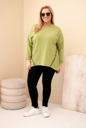 Bluzka damska Plus Size bawełniana z podwijanym rękawem i lampasem w panterkę oliwkowy